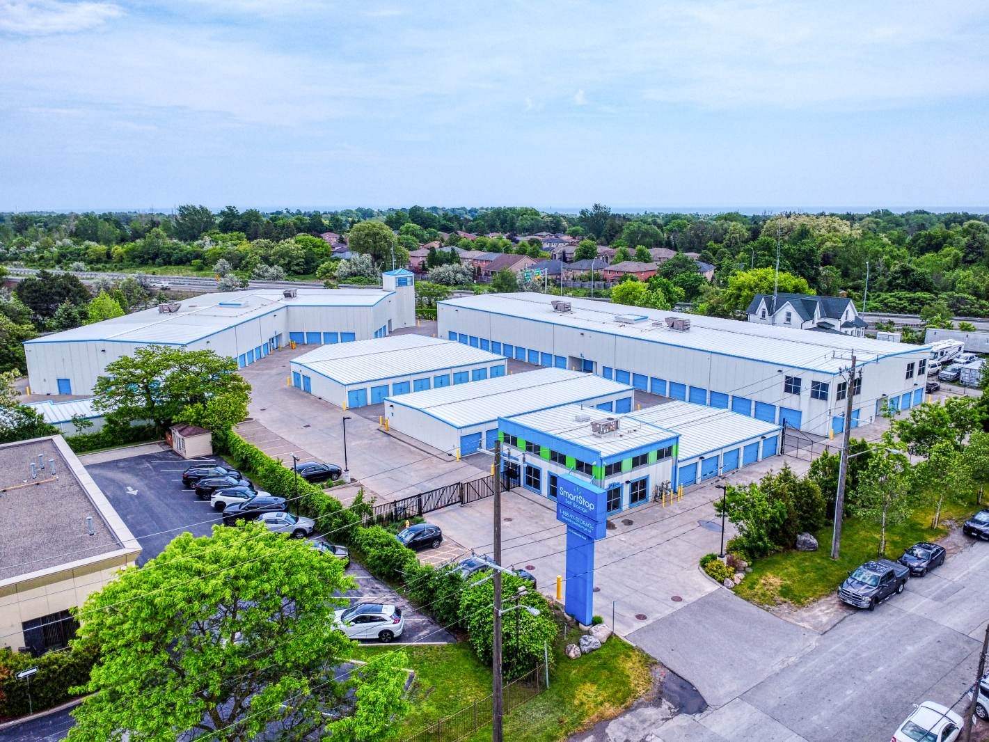 Aerial view of SmartStop self storage facility in Scarborough, Ontario on 515 Centennial Rd N