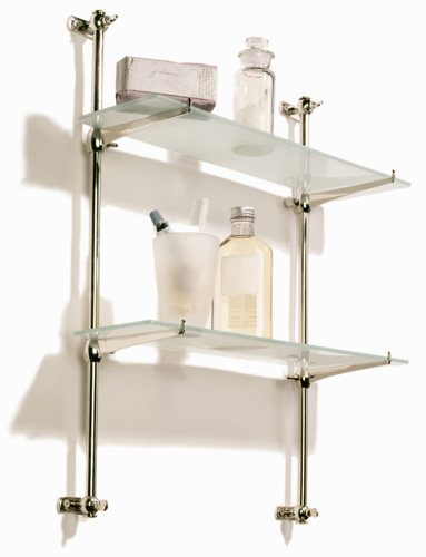 glass wall shelves holding bathroom items like bottles, soap, and a toothbrush holder