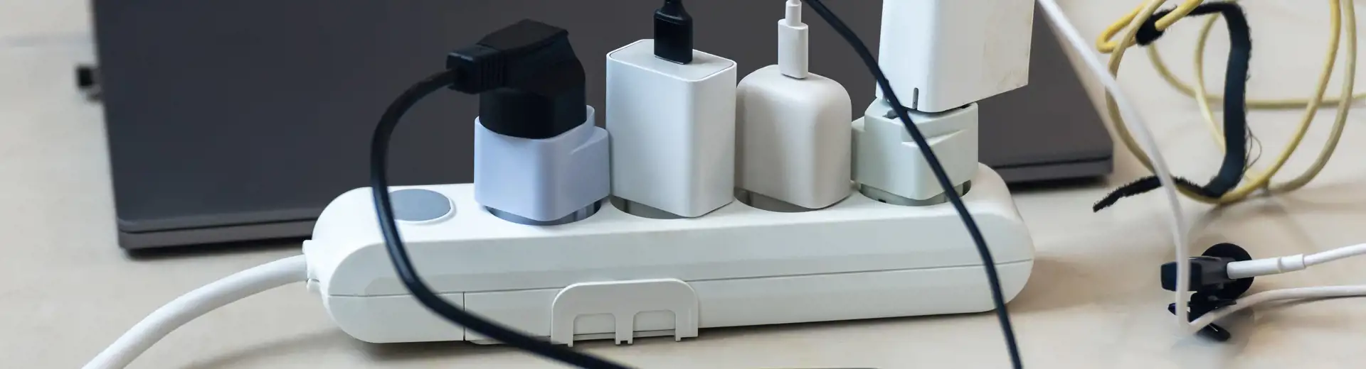 power strip with charging cords plugged in