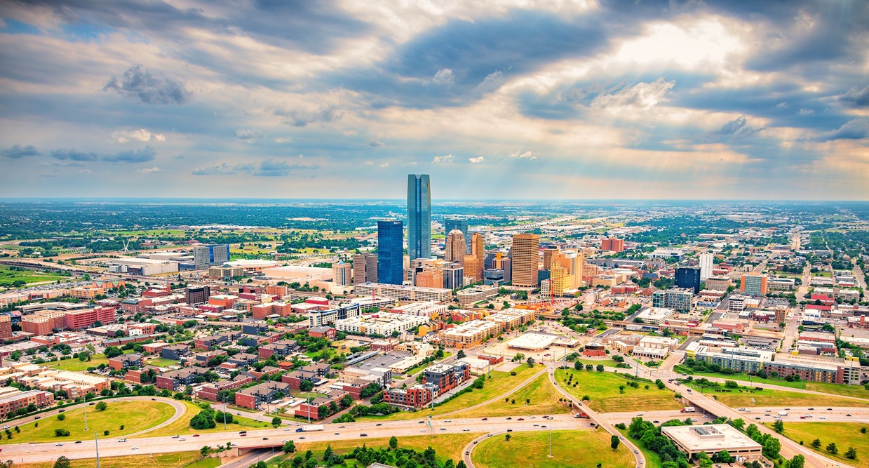 Arial view of Oklahoma City skyline from the suburbs