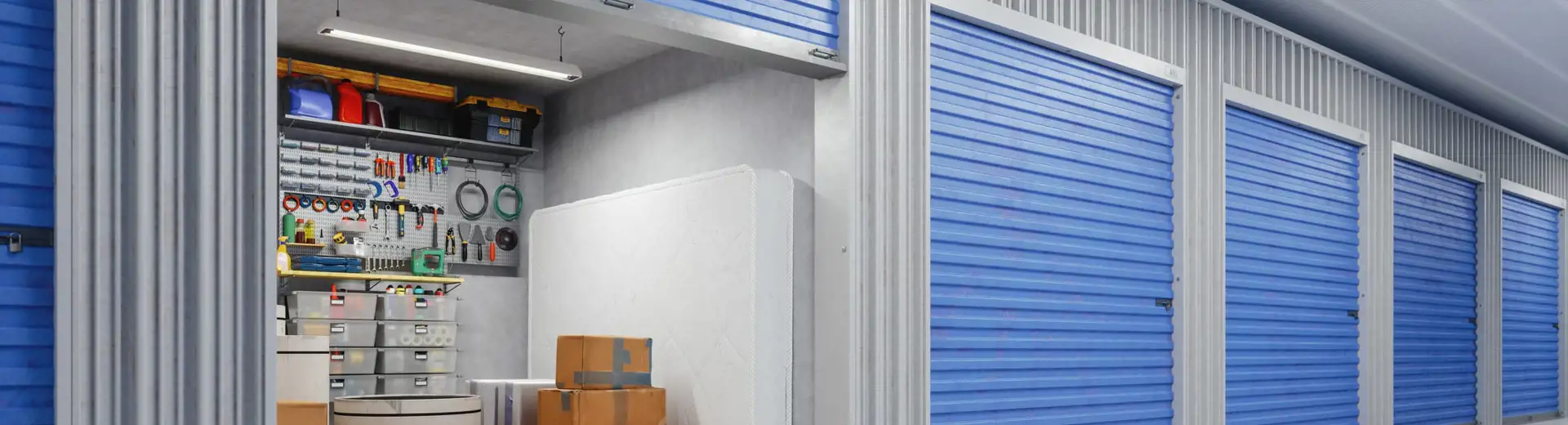 inside of an open storage unit with a representation of organizing storage units