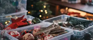 clear plastic bins with holiday ornaments