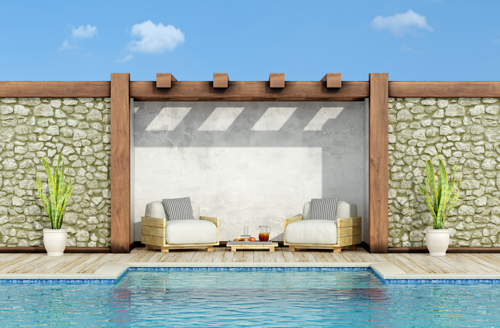 modern outdoor patio with two chairs and table beside a swimming pool under a wooden pergola