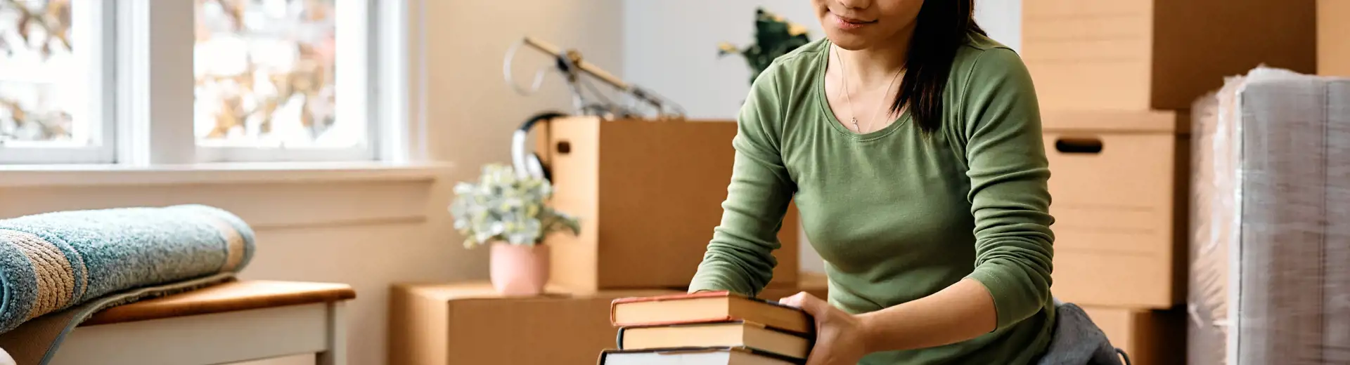femme à lunettes entourée de cartons de déménagement emballant une poignée de livres