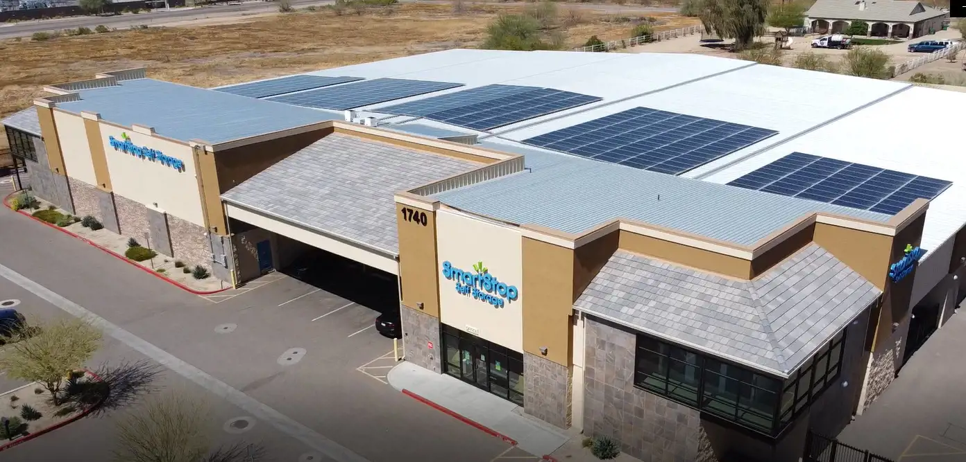 Image of SmartStop location showing solar panels on roof