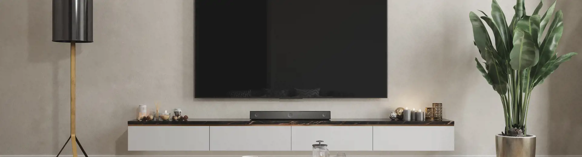 home entertainment center in living room with minimal decorations