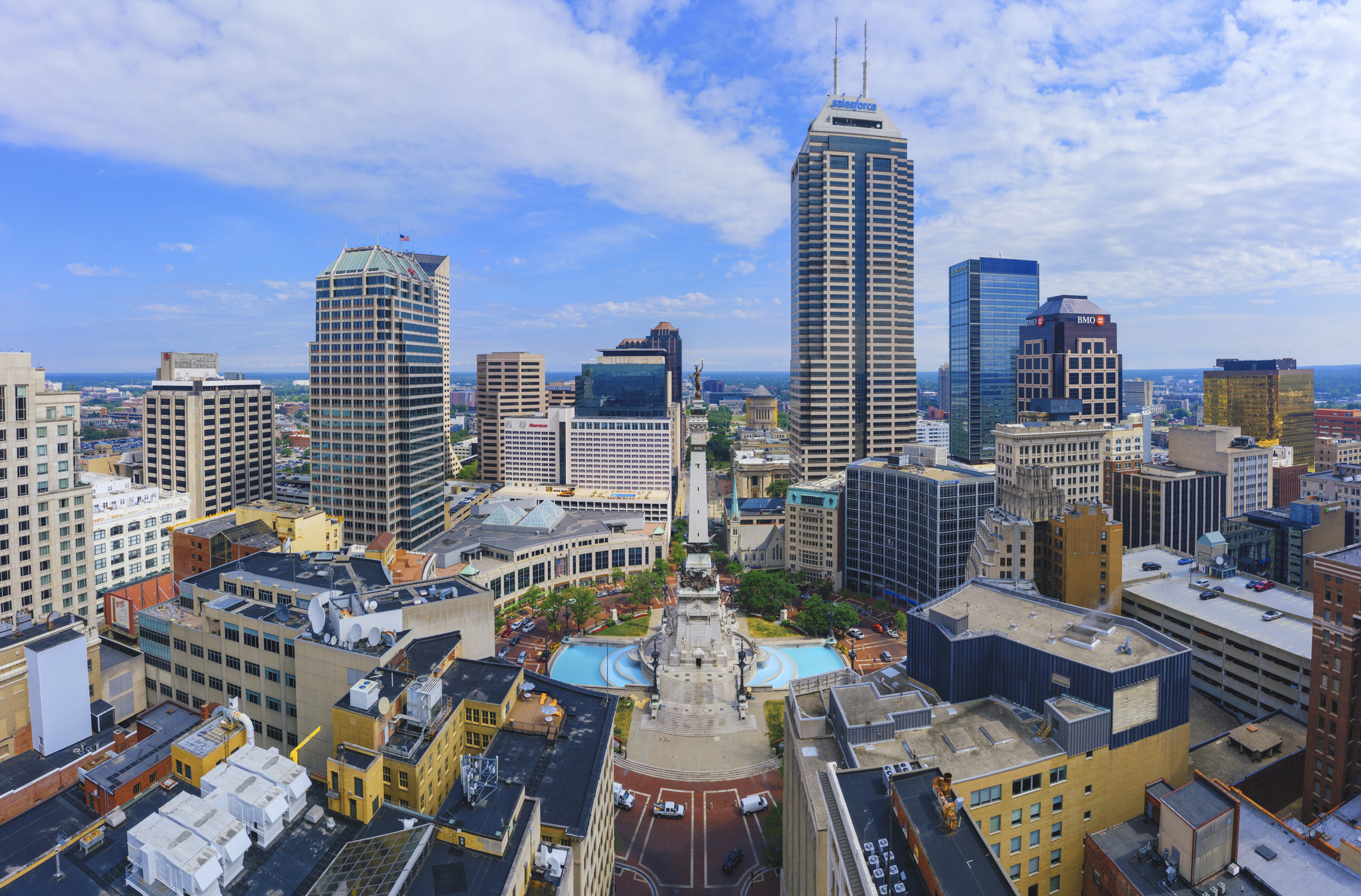 aerial shot of downtown indianapolis skyscrapers