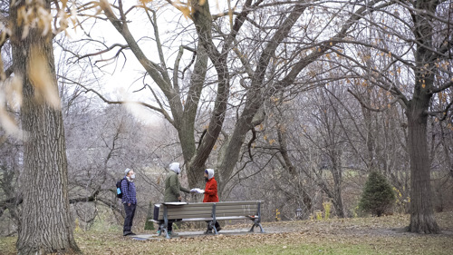 man handing out food to homeless in park