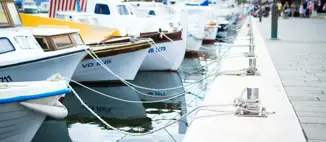 Multiple boats lined up in a row tied to a dock in the marina.