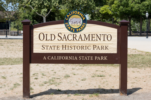 old sacramento state historic park sign at entrance