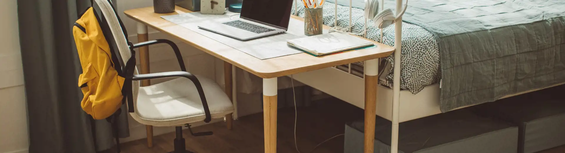 dorm room with under-bed storage