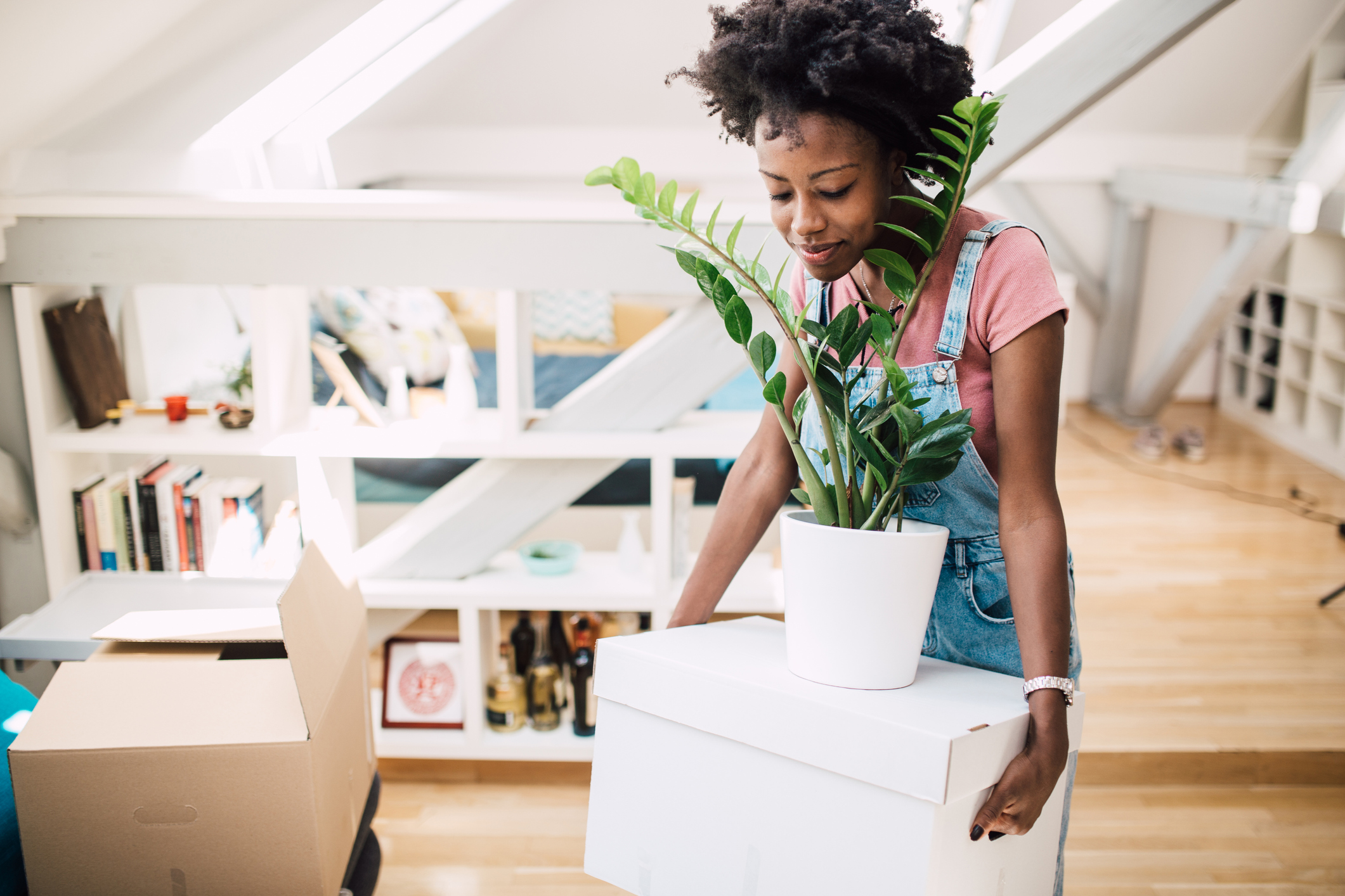 woman carrying box and plant during apartment move-out