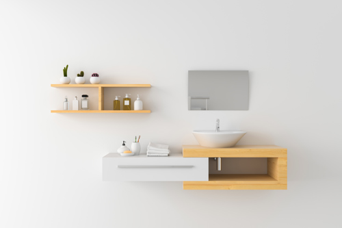minimalist bathroom with floating vanity, vessel sink, mirror, and wooden shelving