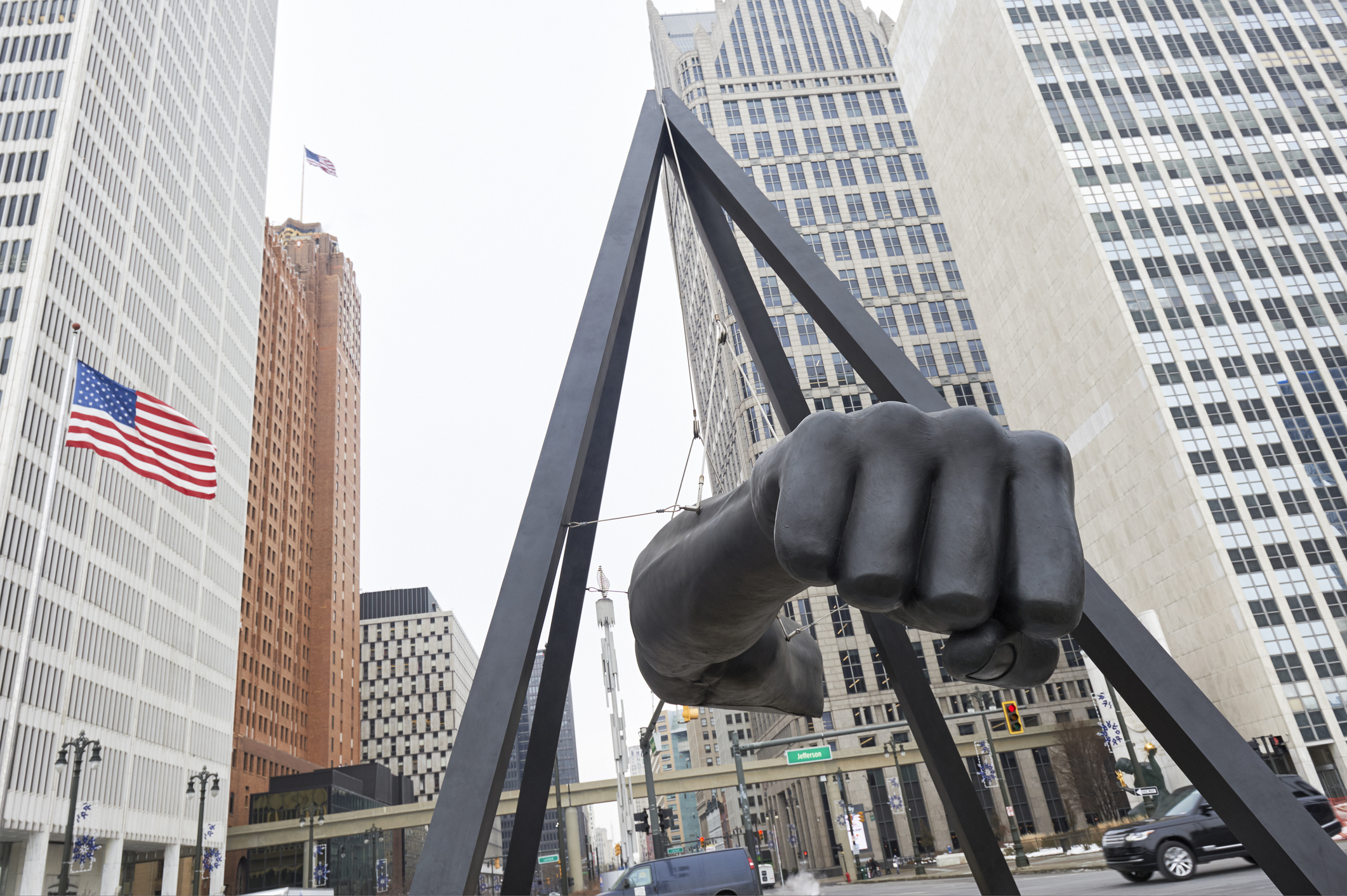 the fist sculpture in downtown detroit