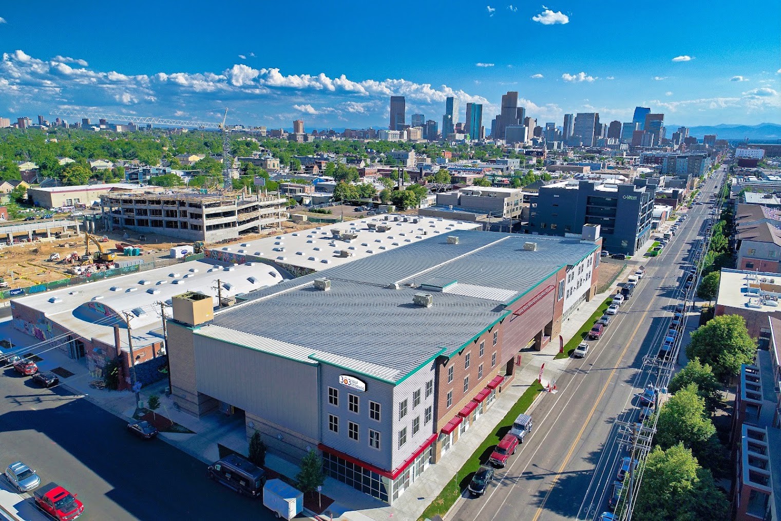 Drone image of store at 303SelfStorage-DenverCO-3270BlakeSt