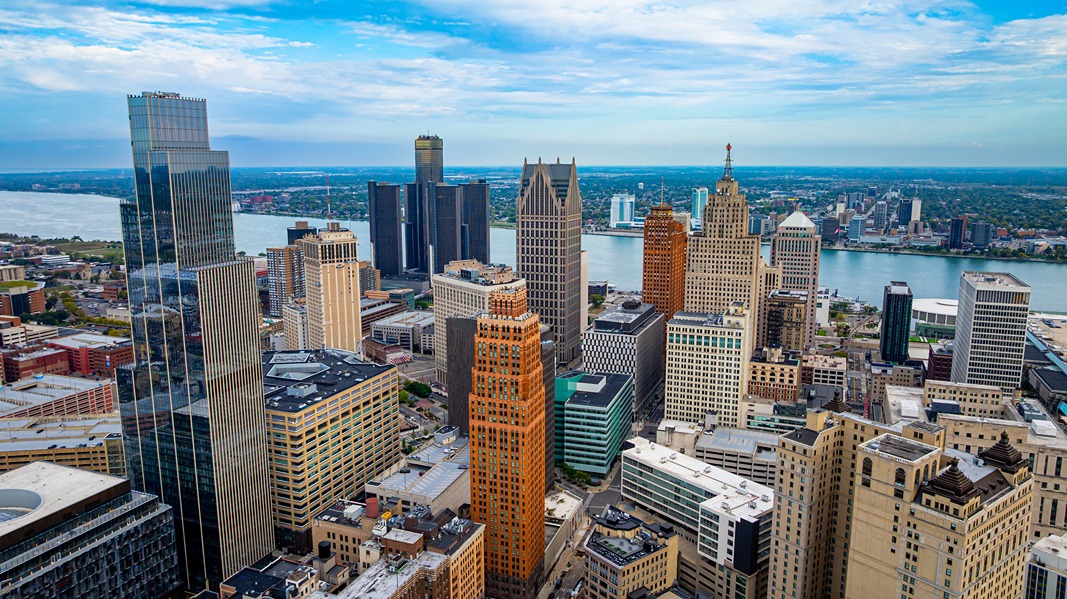 Image of Detroit Skyline with partly cloudy skies