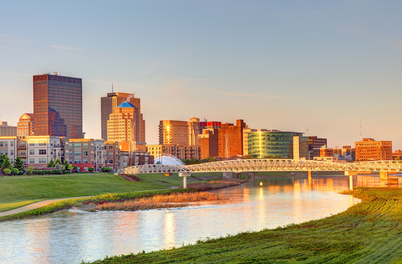 image of Dayton OH downtown skyline at sunset