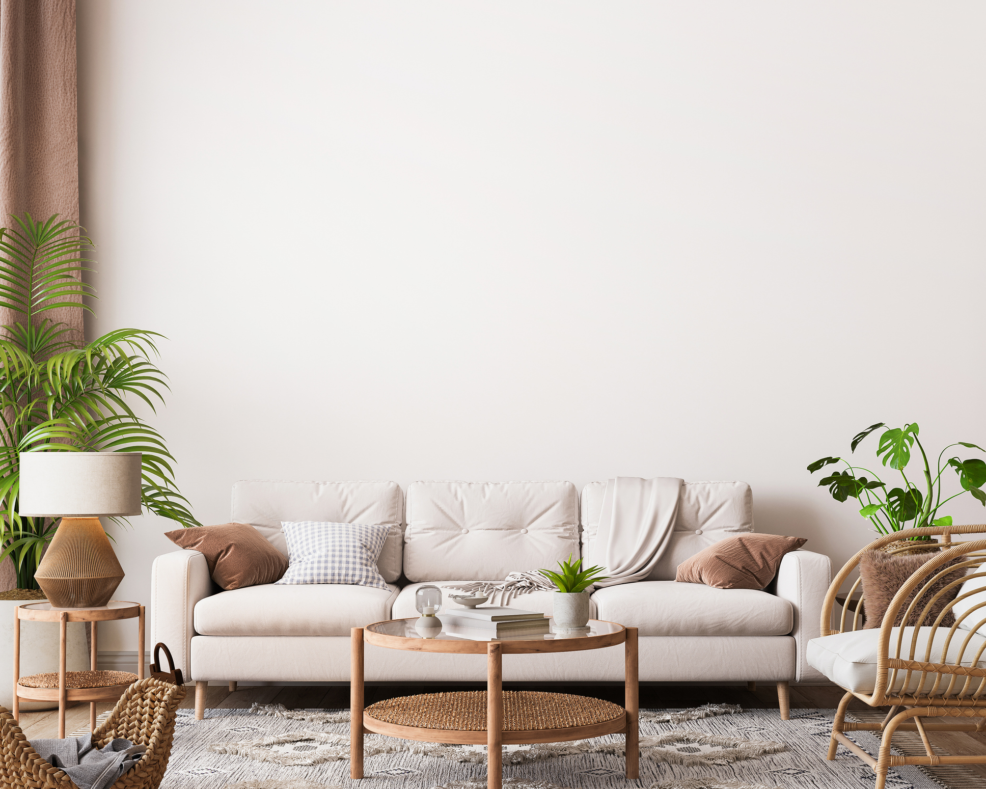 boho living room with plants and white couch