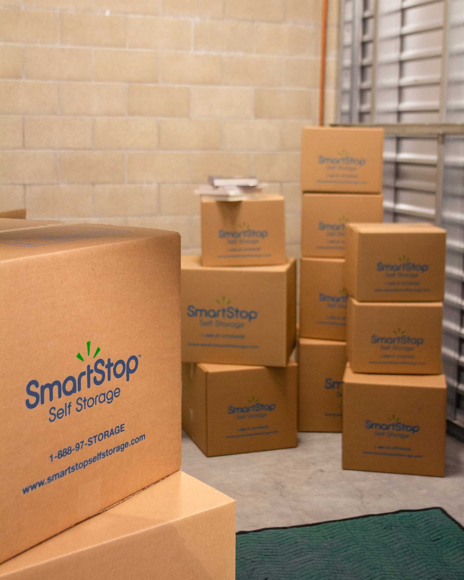 Smart Stop Self Storage boxes in a storage unit