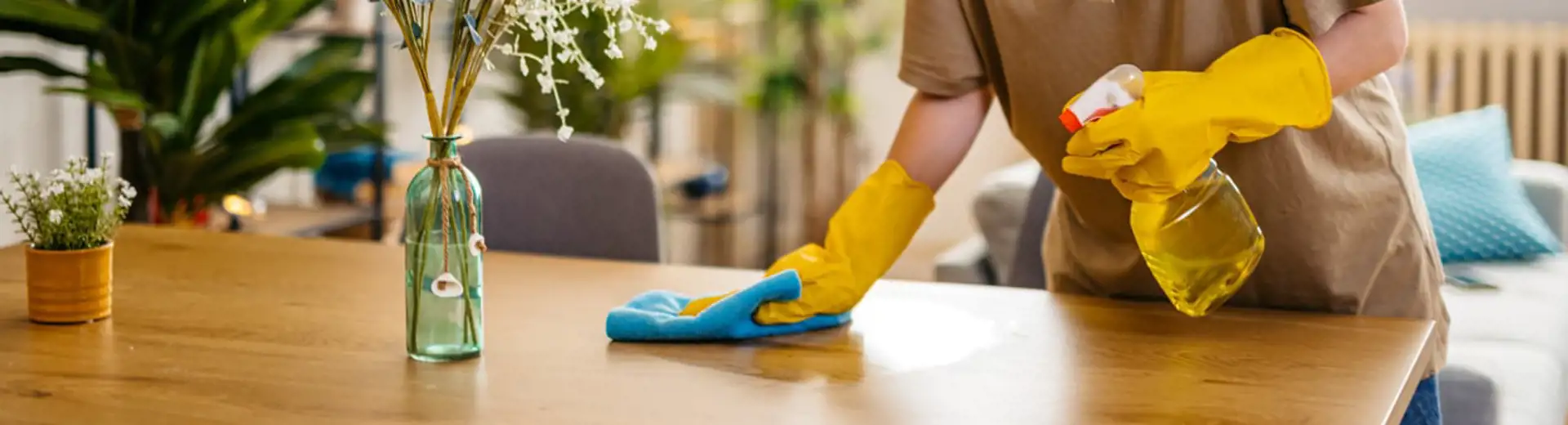 woman cleaning dining table surface
