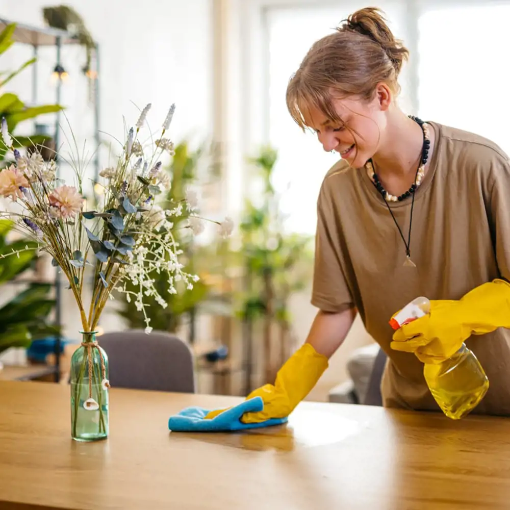 woman cleaning dining table surface