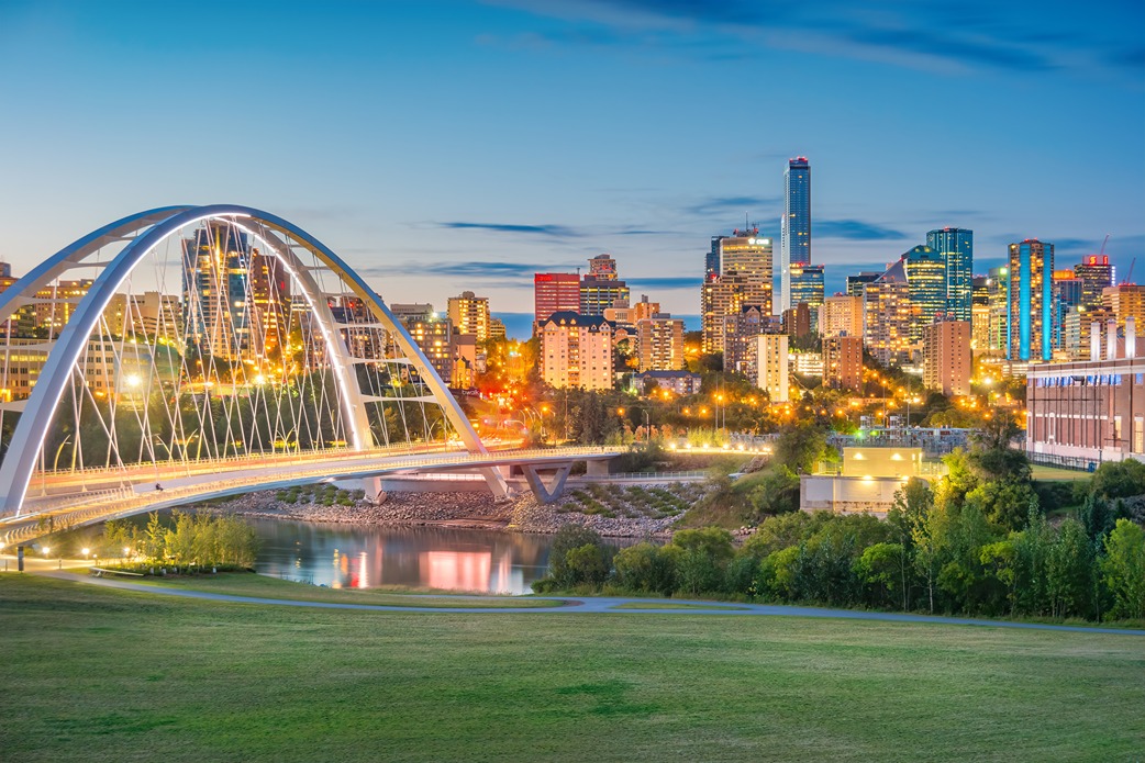 Downtown Edmonton skyline at dusk with Bridge