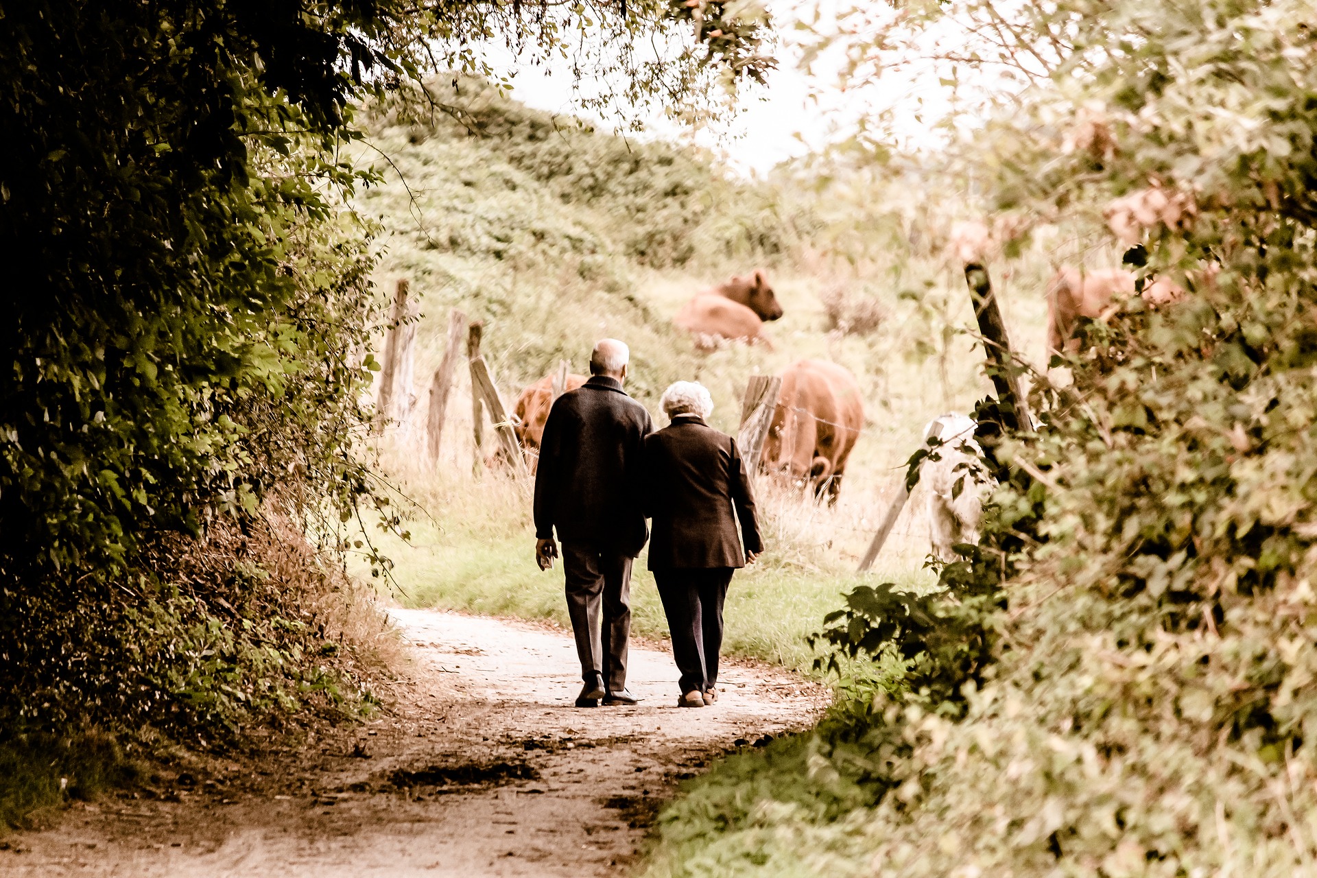 An older couple walks down a dirt road, arm in arm.