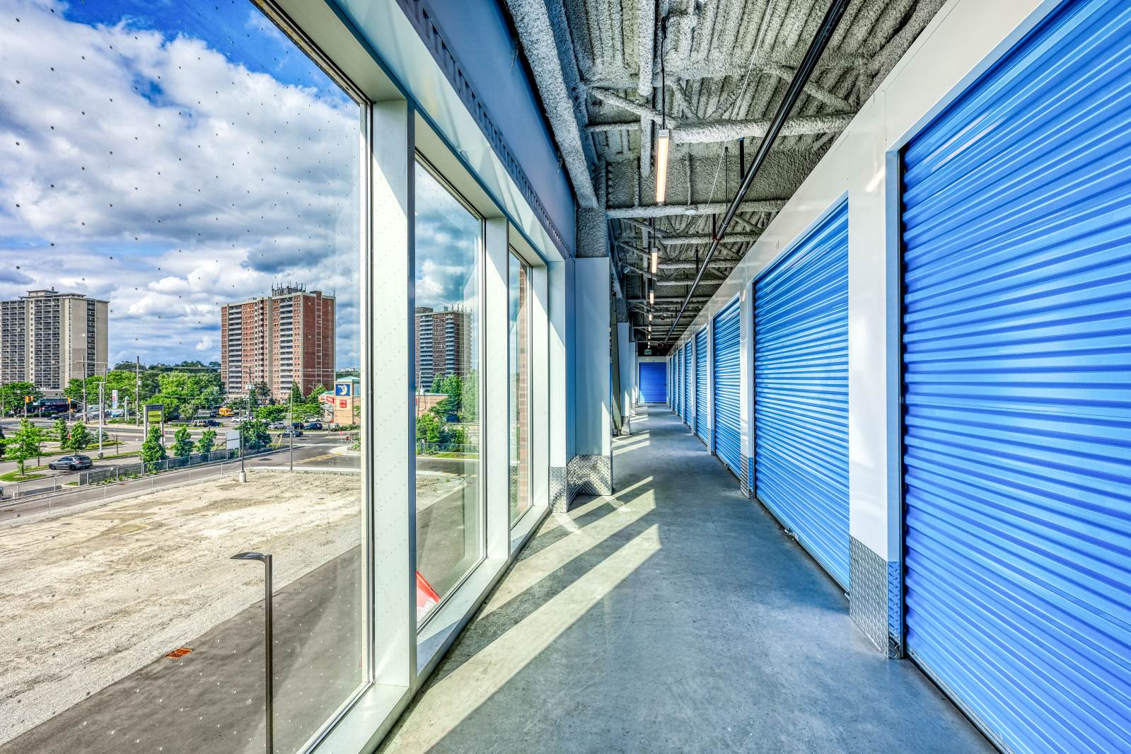 Indoor climate controlled unit hallway at SmartStop self storage facility in Toronto, Ontario on 1480 Jane St.