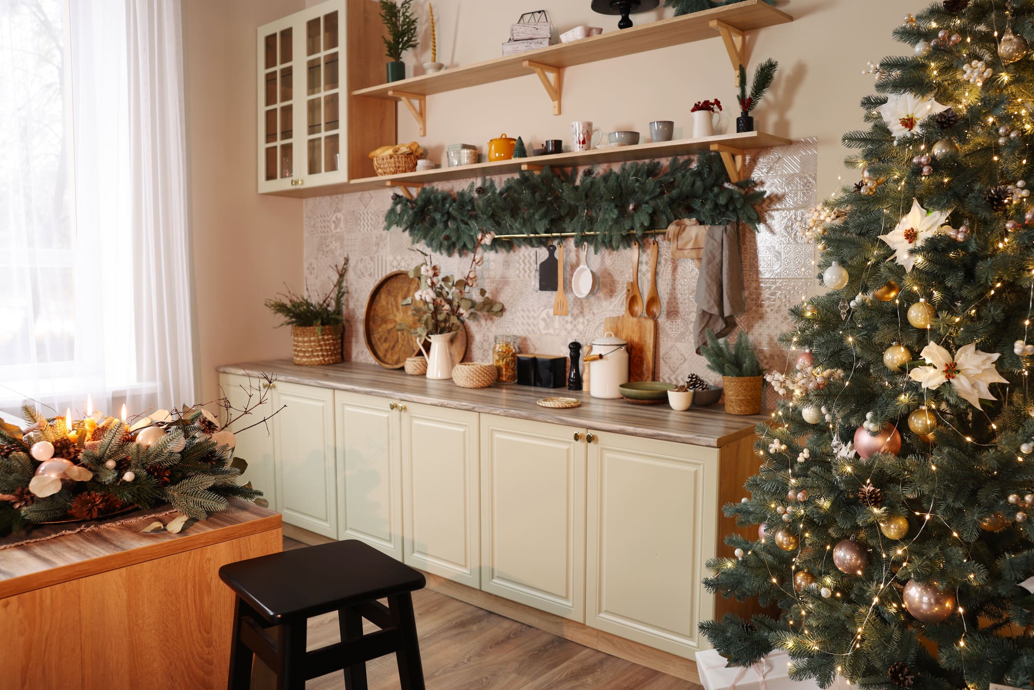 christmas tree inside cozy rustic farmhouse kitchen
