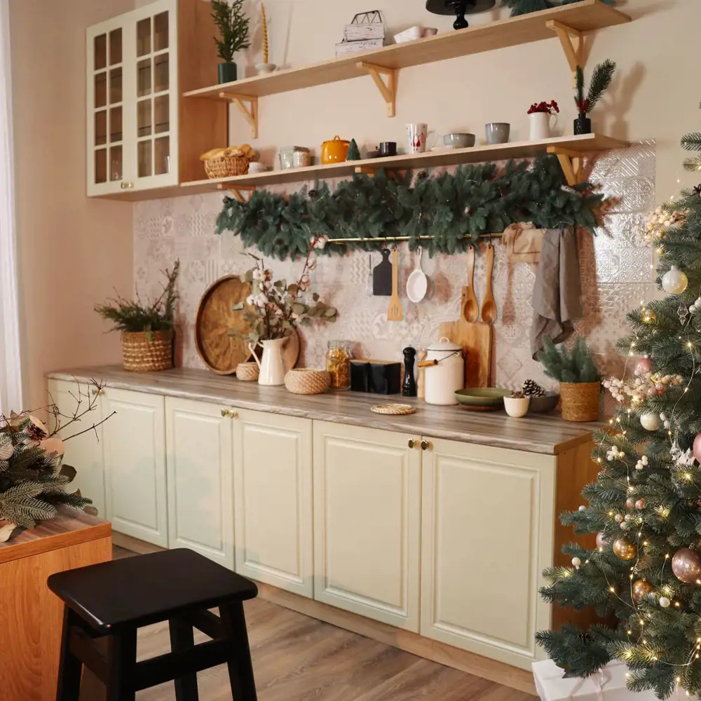 christmas tree inside cozy rustic farmhouse kitchen
