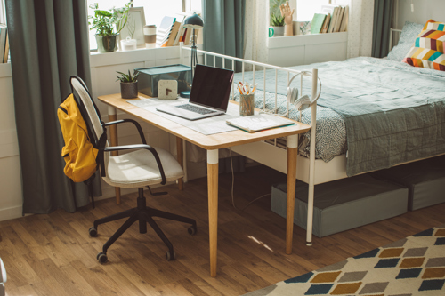 desk organization in a college dorm room