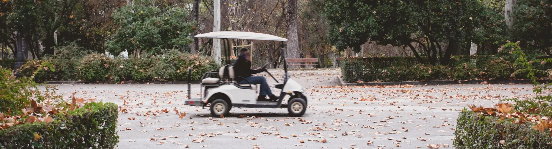 A person driving a golf cart through a courtyard during fall.