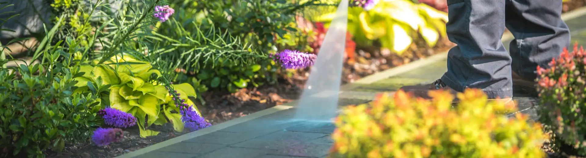 person pressure washing garden path
